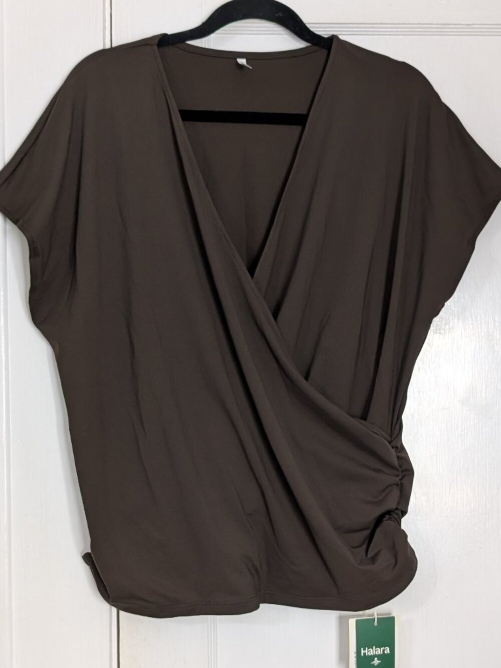 NWT Halara V Neck Dark Brown Cap Sleeve Crossover Ruched Blouse Women's Size XL